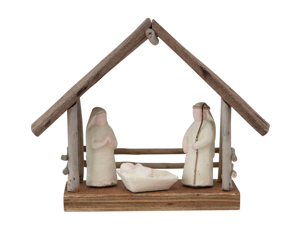 Handmade Driftwood & Paper Mache Nativity w/Wood Base