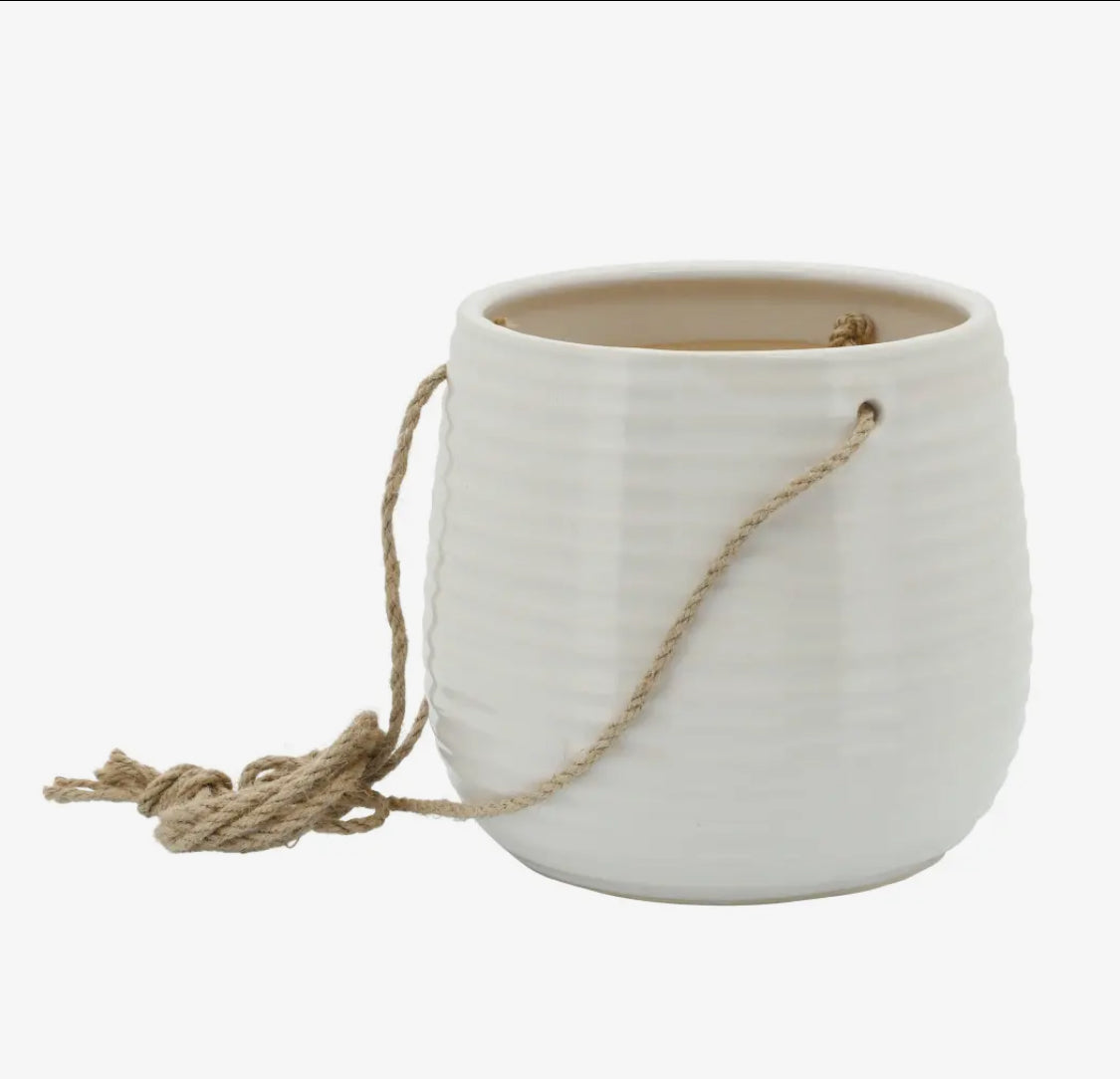 7” White Ceramic Rope Hanging Planter