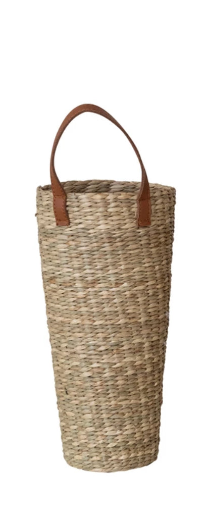 11-3/4”H Hand-Woven Seagrass Basket w/ Faux Leather Handle