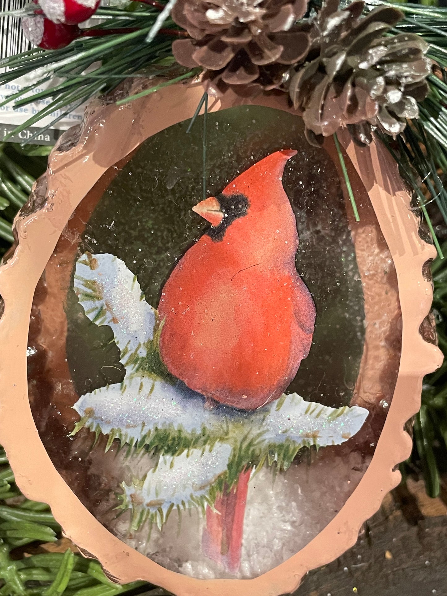 Cardinal Glass Ornament w/Snow & Evergreen Accent