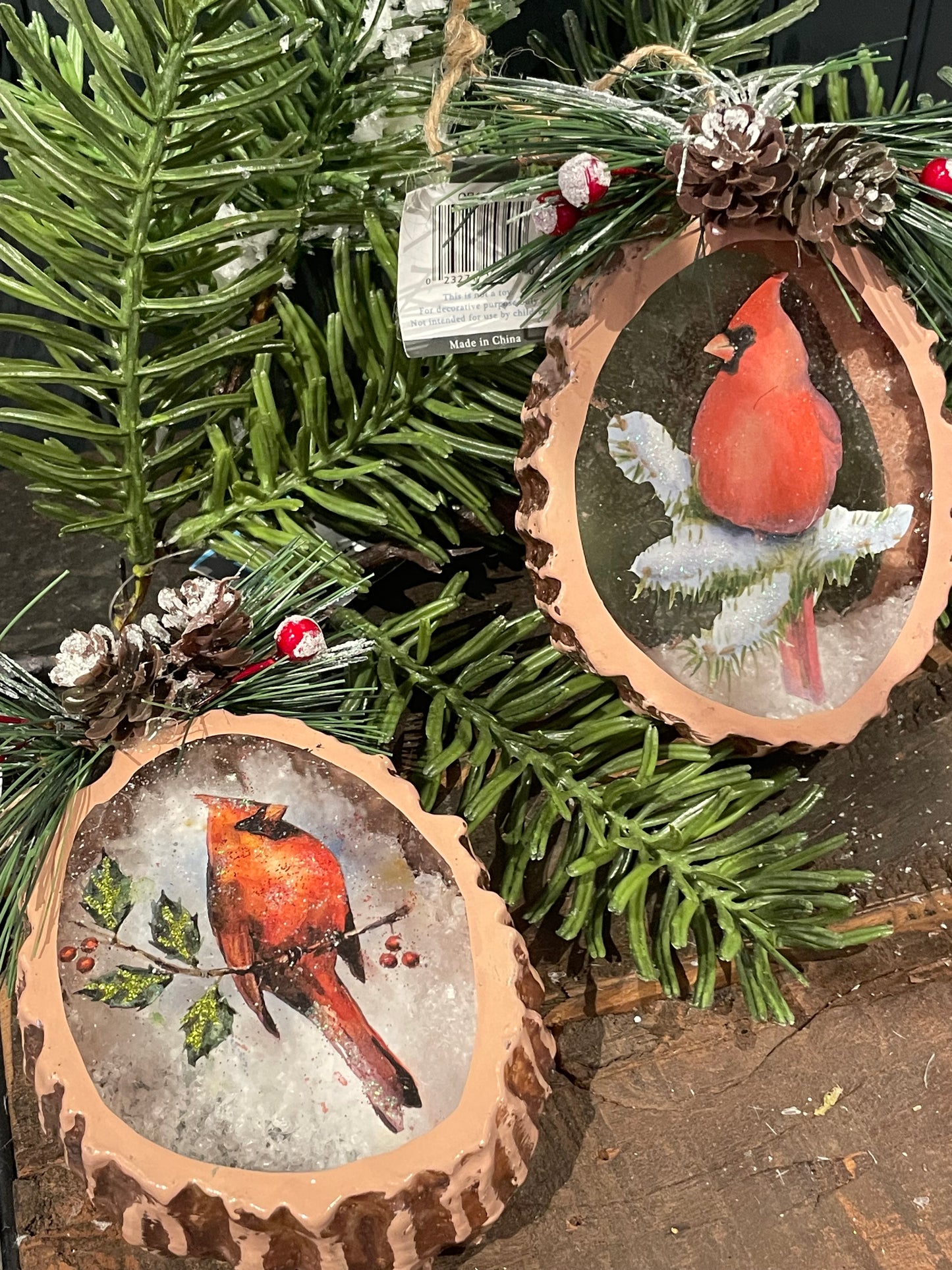 Cardinal Glass Ornament w/Snow & Evergreen Accent