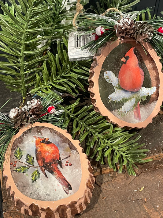 Cardinal Glass Ornament w/Snow & Evergreen Accent