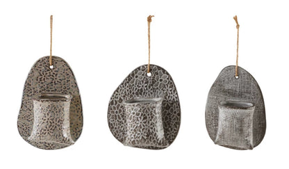Stoneware Wall Vase w/ Embossed Stamp Pattern & Jute Hangers
