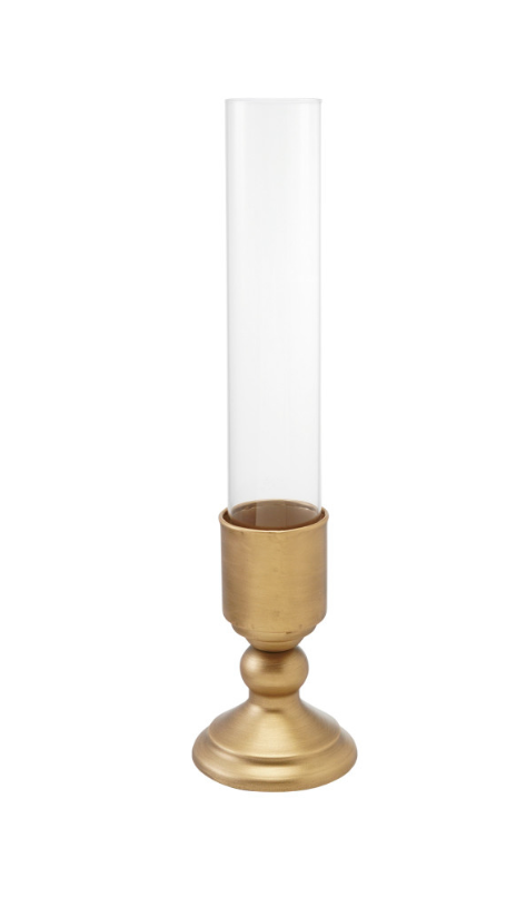 Gold Metal Taper Holder w/Glass Hurricane