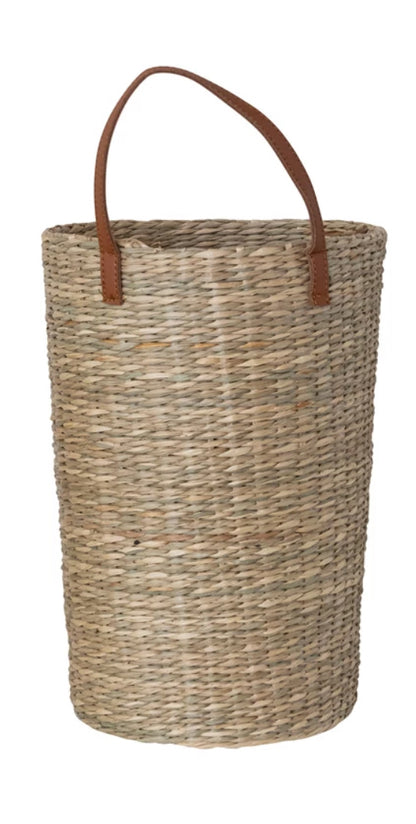13-3/4” Hand-Woven Seagrass Baskets w/ Faux Leather handle