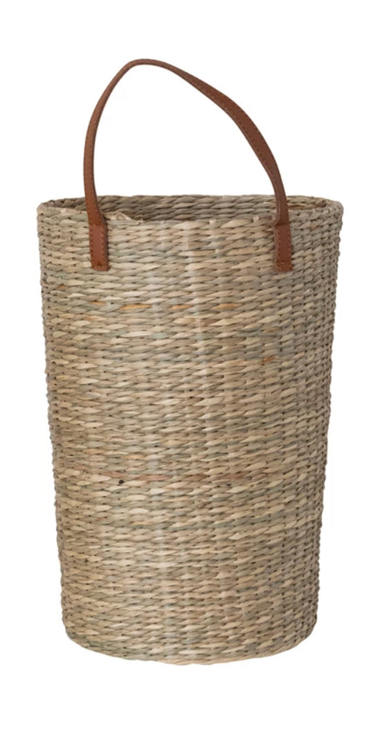 13-3/4” Hand-Woven Seagrass Baskets w/ Faux Leather handle
