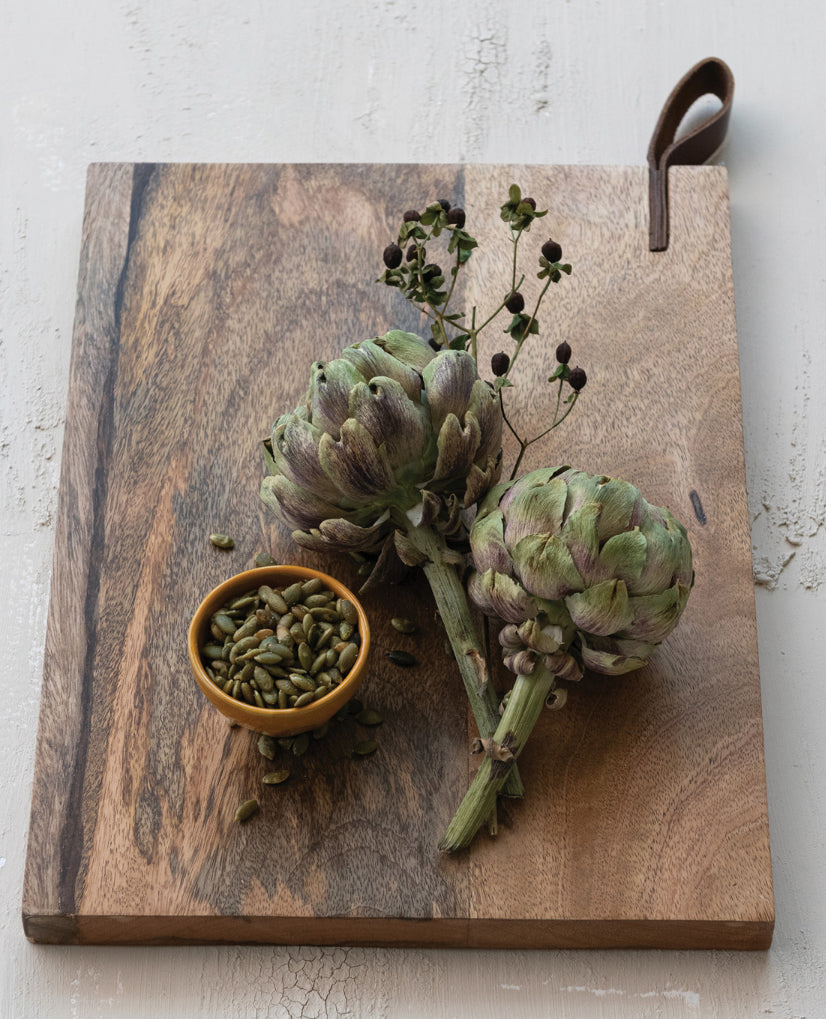 Mango Wood Cutting Board w/Leather Handle