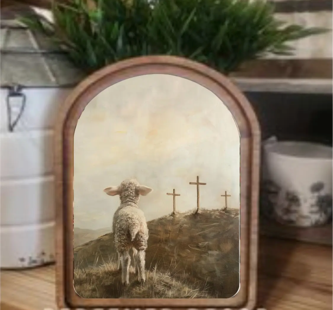 8.25” x 11” Arch Top 3 Crosses Lamb Framed Art