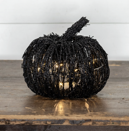 7.5” Lighted Black Glitter Rattan Pumpkin