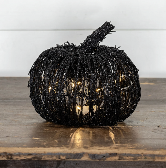 7.5” Lighted Black Glitter Rattan Pumpkin