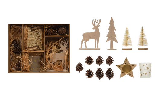 Garden Kit w/Bottle Brush Trees, Tealights, Pinecones & Wood Figures-S/13
