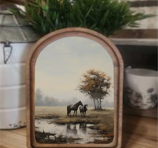 8” Arch Pasture Horses Framed Art
