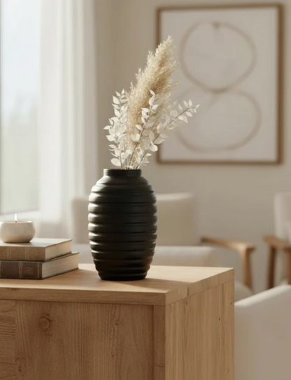 10.75” Black Wood Ribbed Vase