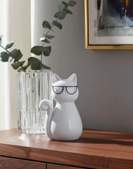 7” White Porcelain Cat With Glasses