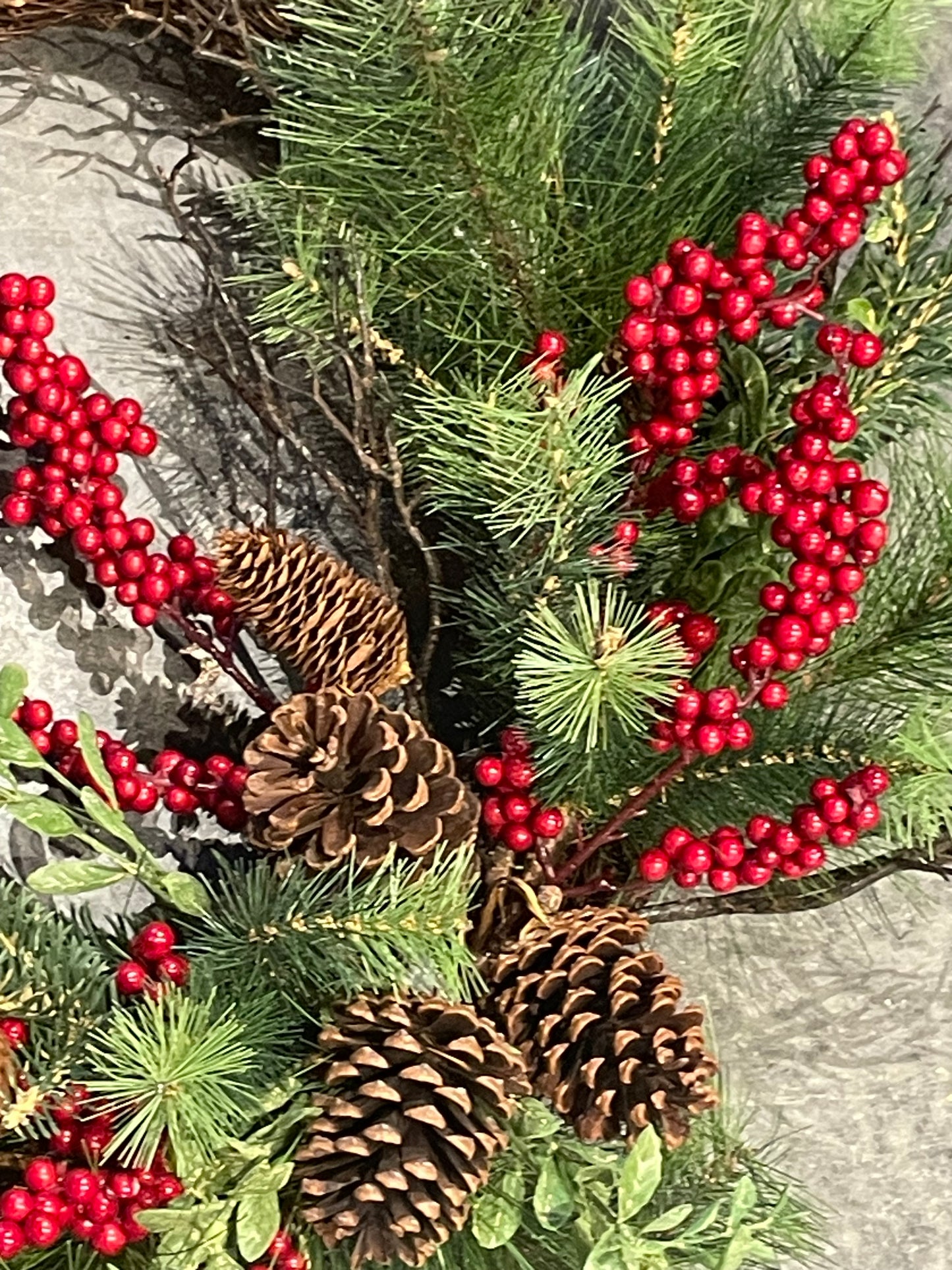 Amaryllis, Evergreen, Berries & Pinecones Wreath