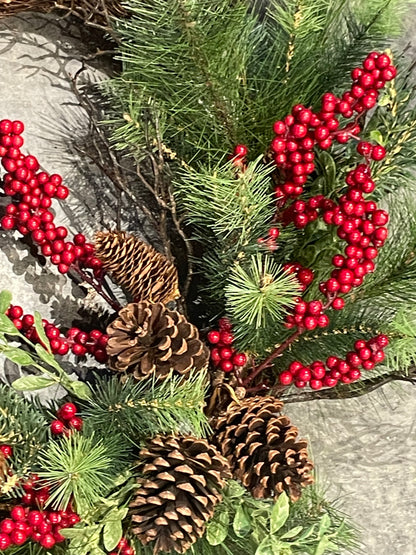 Amaryllis, Evergreen, Berries & Pinecones Wreath