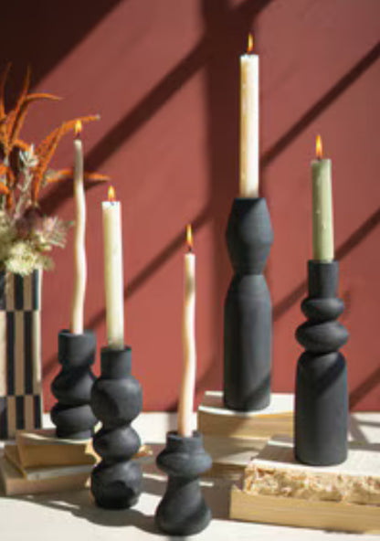 Carved Black Wooden Taper Candle Holder-2