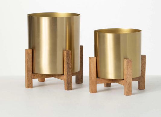 Brass Planter w/ Wood Stand-Small