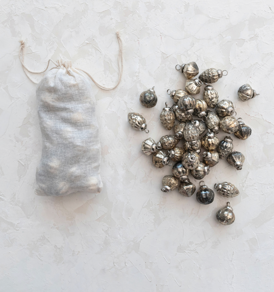1”H Embossed Mercury Glass Ornaments in Muslin Bag-s/36