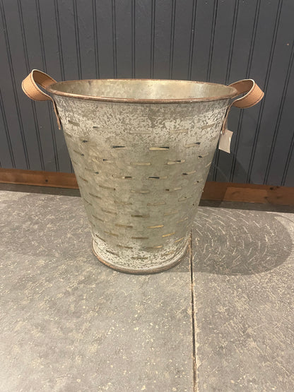 Galvanized Bucket w/ Leather Handles-Med