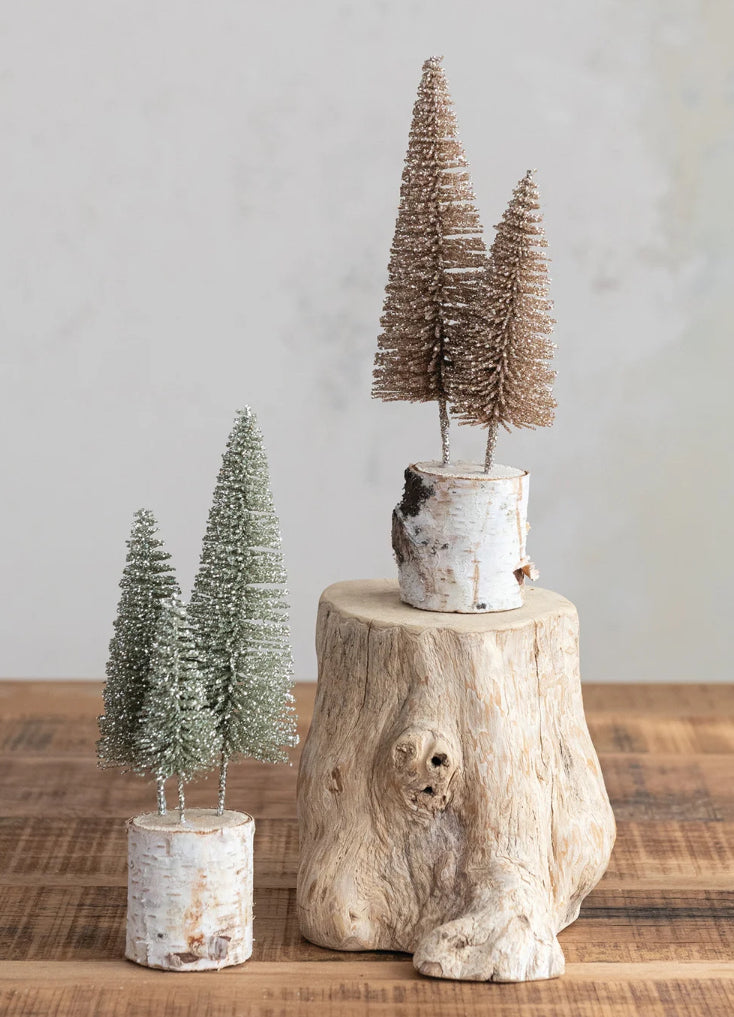 Set/3 Gold Bottle Brush Tree on Wood Base-2