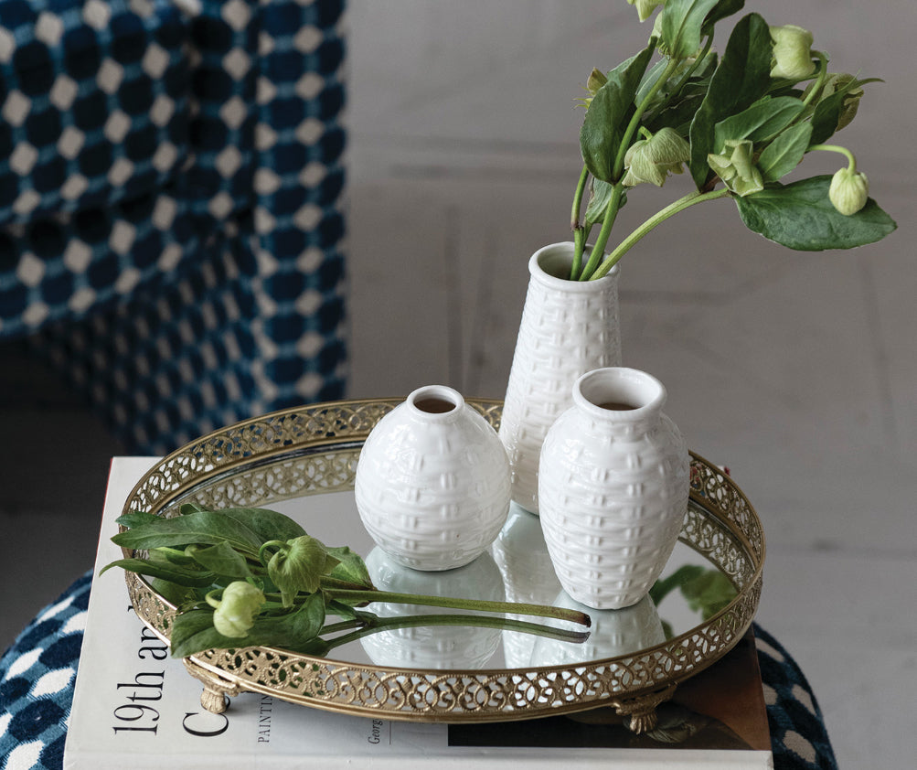 5” Embossed Stoneware Basket Weave Vase