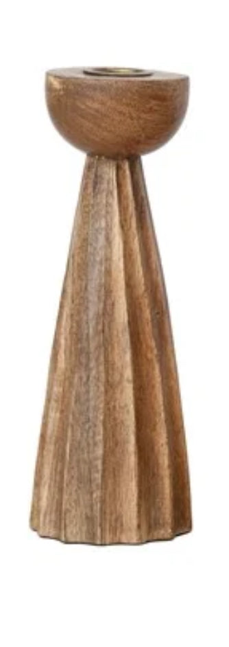 Carved Mango Wood Pleated Taper Holder-Lg