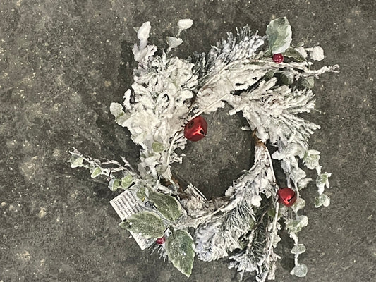 Snowed Evergreen Wreath w/Red Berries & Bells