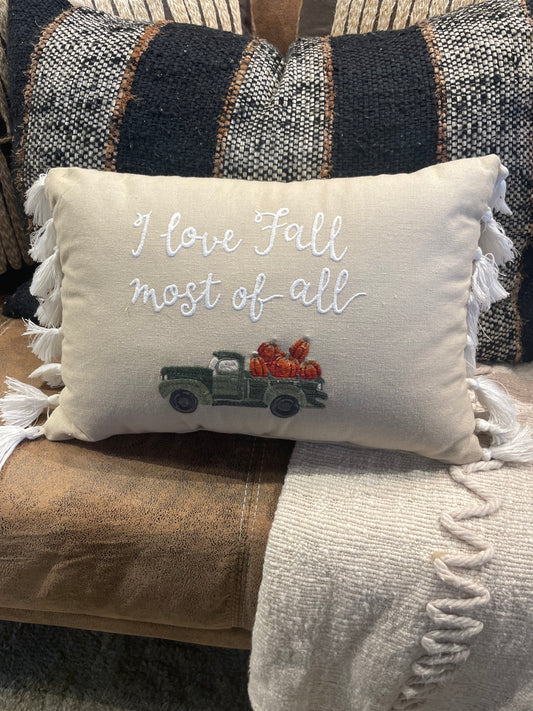 “I Love Fall Most Of All” Pillow W/Truck & Pumpkins