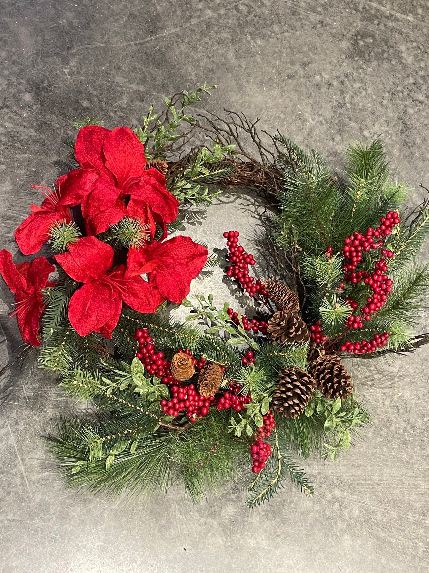 Amaryllis, Evergreen, Berries & Pinecones Wreath