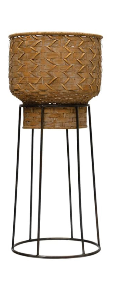 Hand-Woven Rattan Metal Stand Planter Pot
