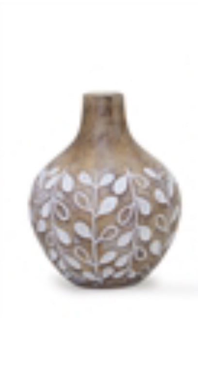 5.25”H Natural Pottery w/White Leaf Desgn