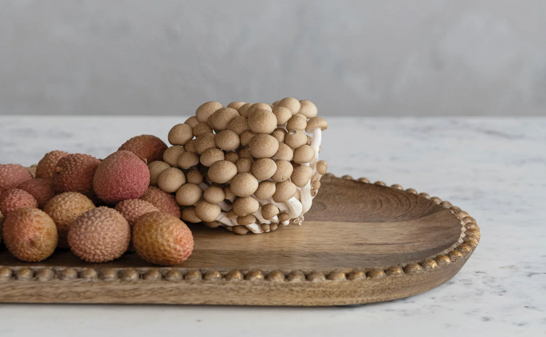 Hand-Carved Mango Wood Tray w/Wood Beads & Gold Finish