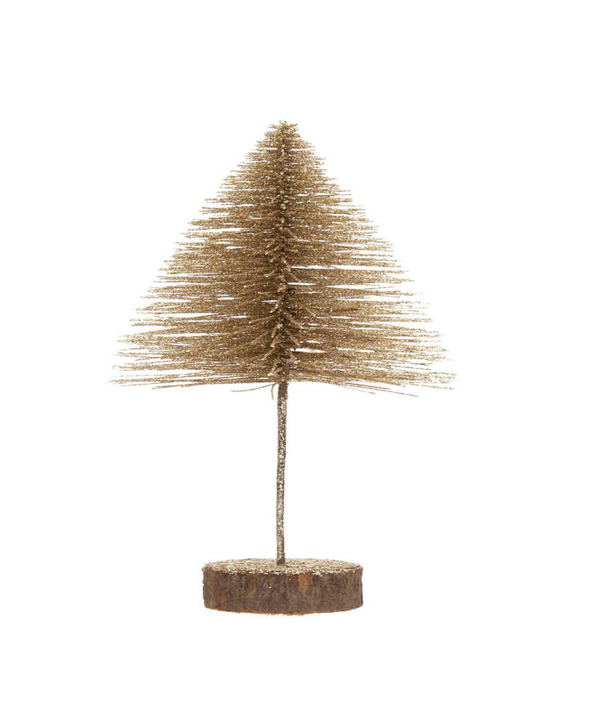 Plastic Bottle Brush Tree w/Glitter & Wood Slice Base