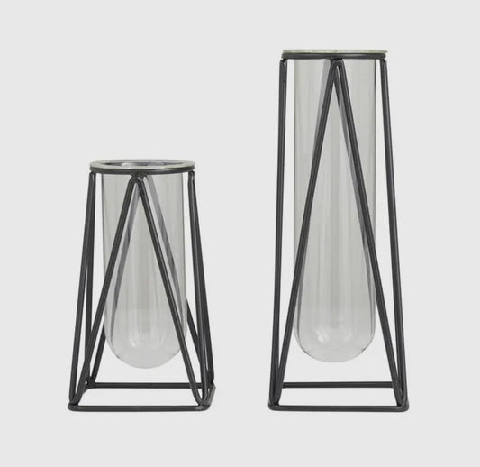 Glass Tube Vase w/Metal Stand-Lg