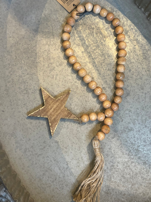17”L Wood Bead w/Star Icon & Jute  Tassel