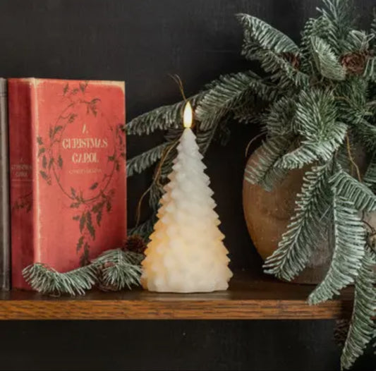 7.5” Cream Shimmer 3D Flame Fir Tree Candle