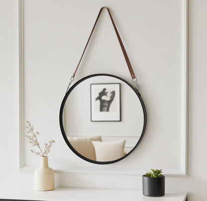 28” Black Metal Round Hanging Mirror w/ Leather Strap