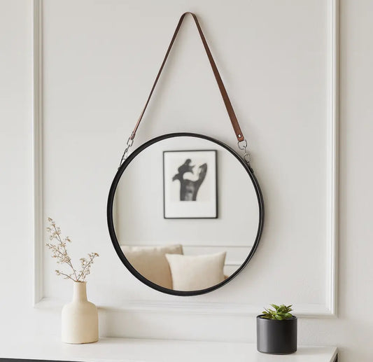 28” Black Metal Round Hanging Mirror w/ Leather Strap