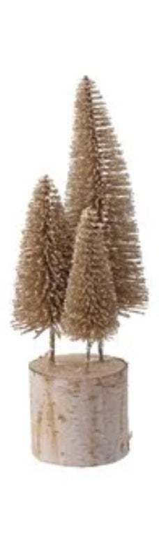 Set/3 Gold Bottle Brush Tree on Wood Base-2