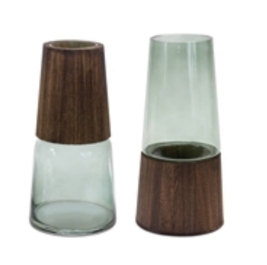 Green Glass/Wood Vase-2 Styles