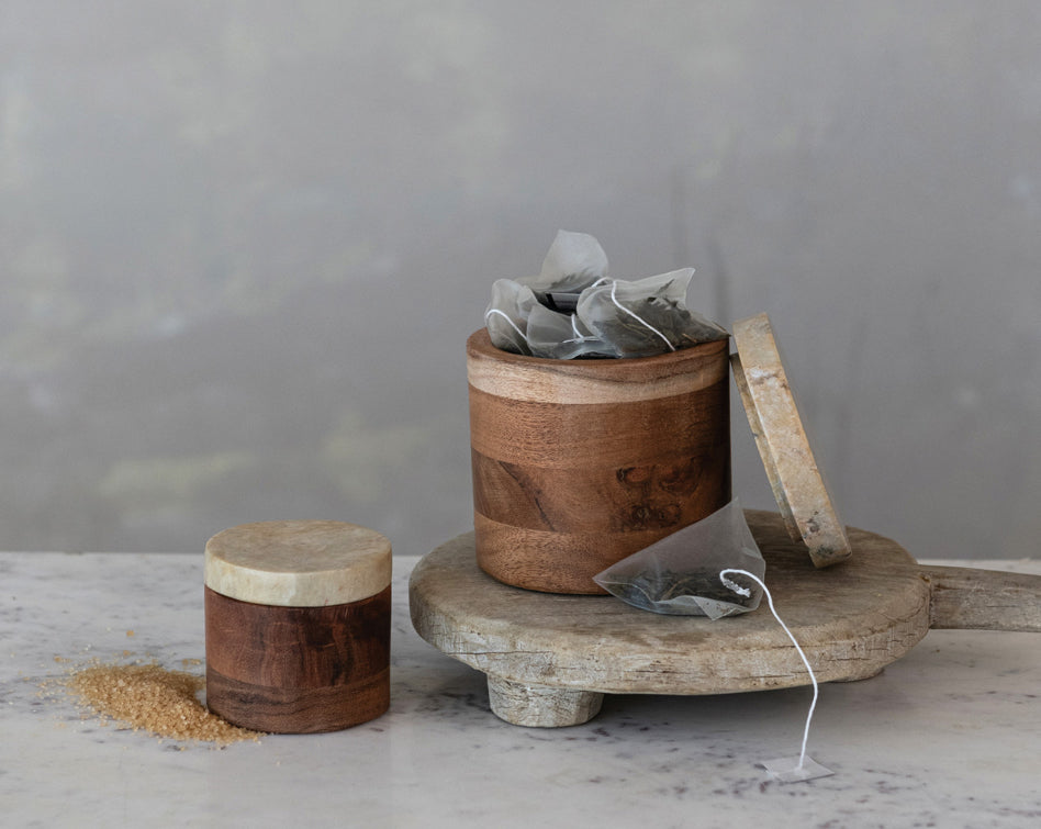 Acacia Wood Container w/Marble Lid