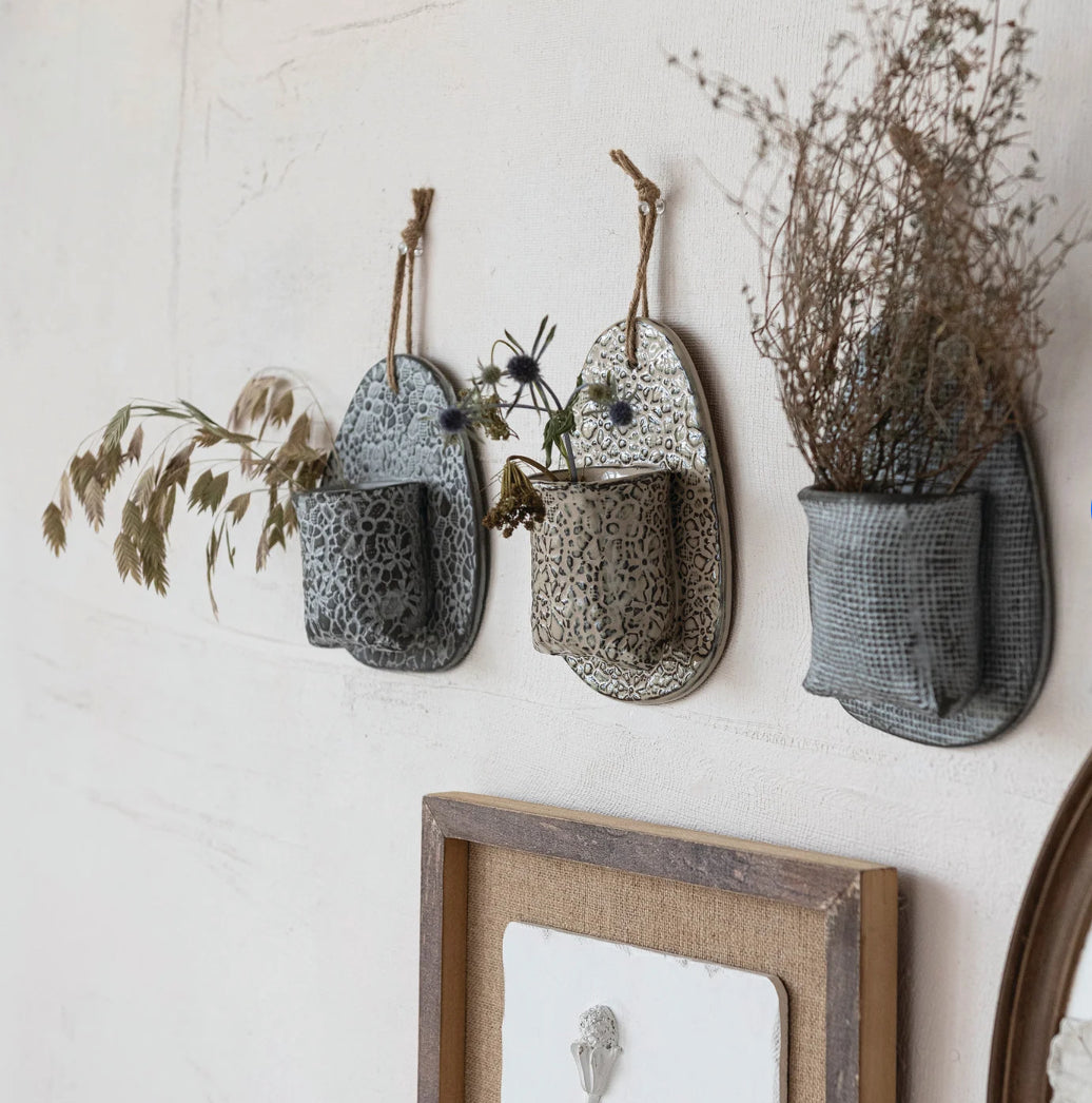 Stoneware Wall Vase w/ Embossed Stamp Pattern & Jute Hangers