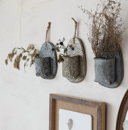 Stoneware Wall Vase w/ Embossed Stamp Pattern & Jute Hangers