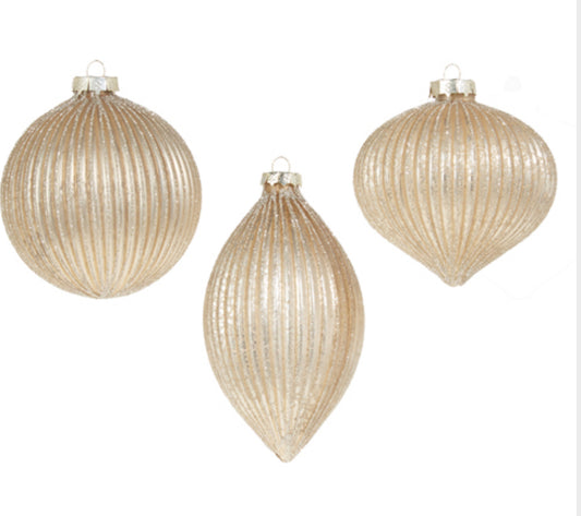 Champagne Glitter Ribbed Ornament -3 Asst. Shapes