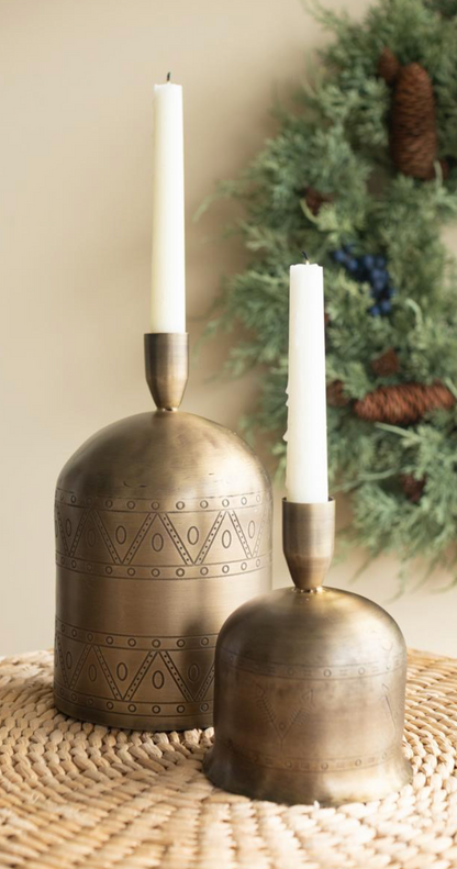 ANTIQUE BRASS BELL TAPER CANDLE HOLDER
