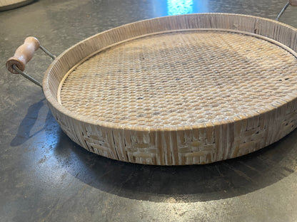 14” Round Whitewash Wicker Tray w/ Handles