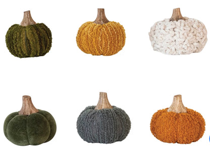 3” Cotton Blend Boucle/Velvet Pumpkin w/Wood Stem