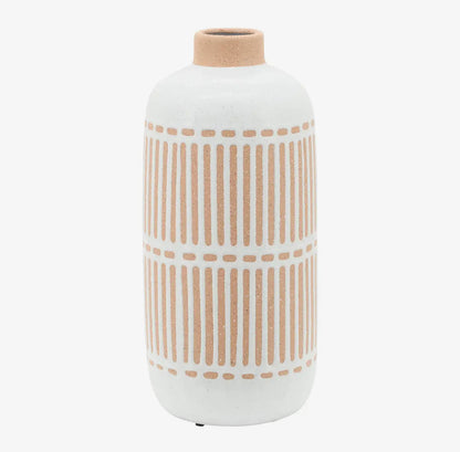 12” Ivory Ceramic Aztec Grooved Line Vase