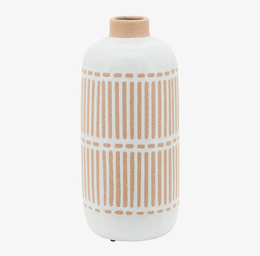 12” Ivory Ceramic Aztec Grooved Line Vase